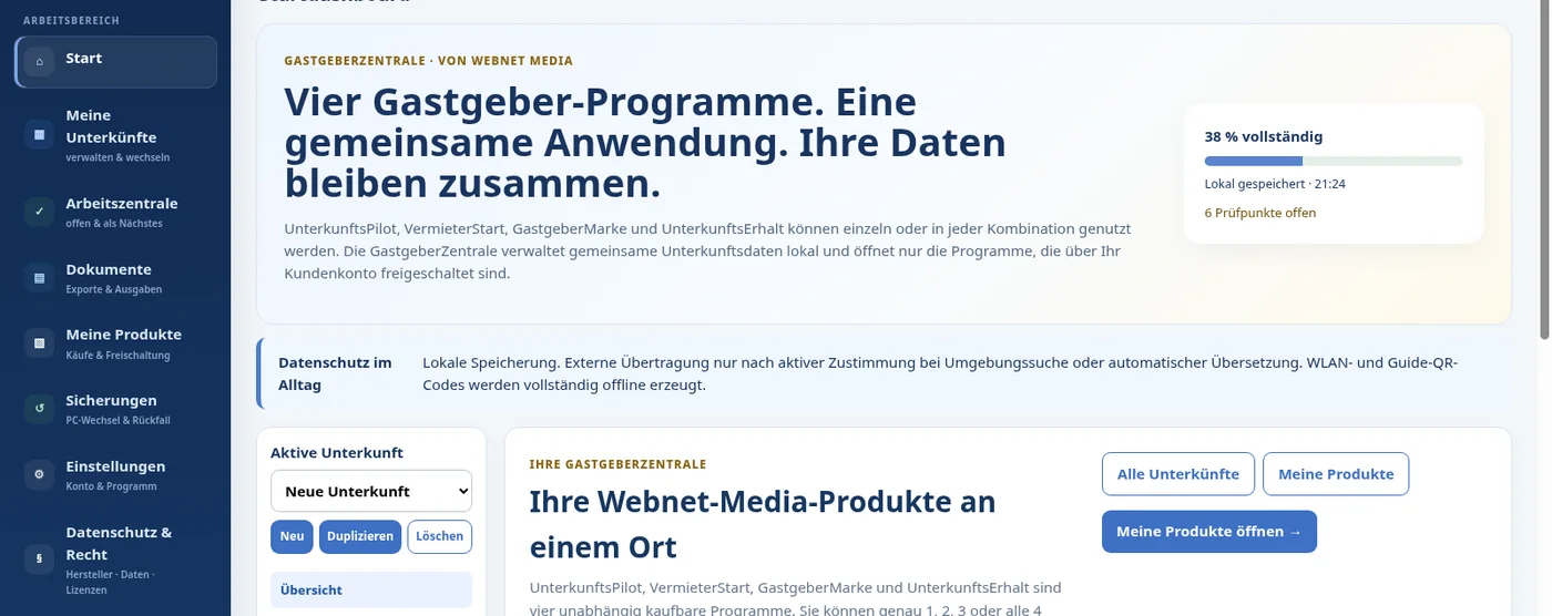 Aktuelle Oberfläche der GastgeberZentrale mit Navigation, Startdashboard und den vier Webnet-Media-Programmen